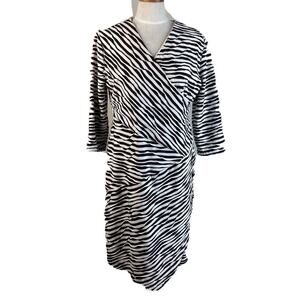 Chicos Womens Sheath Dress Black White Striped Surplice Lined Midi Long Sleeve 2